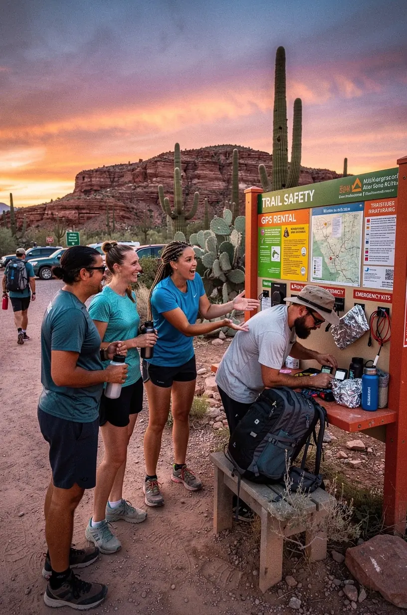 Пешеходы обсуждают план маршрута возле станции с оборудованием для обеспечения безопасности в удалённых районах.