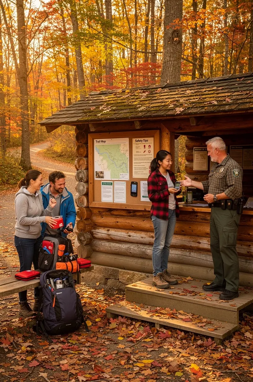 Станция безопасности для пеших прогулок в национальном парке США с устройствами GPS и аварийными комплектами для аренды.