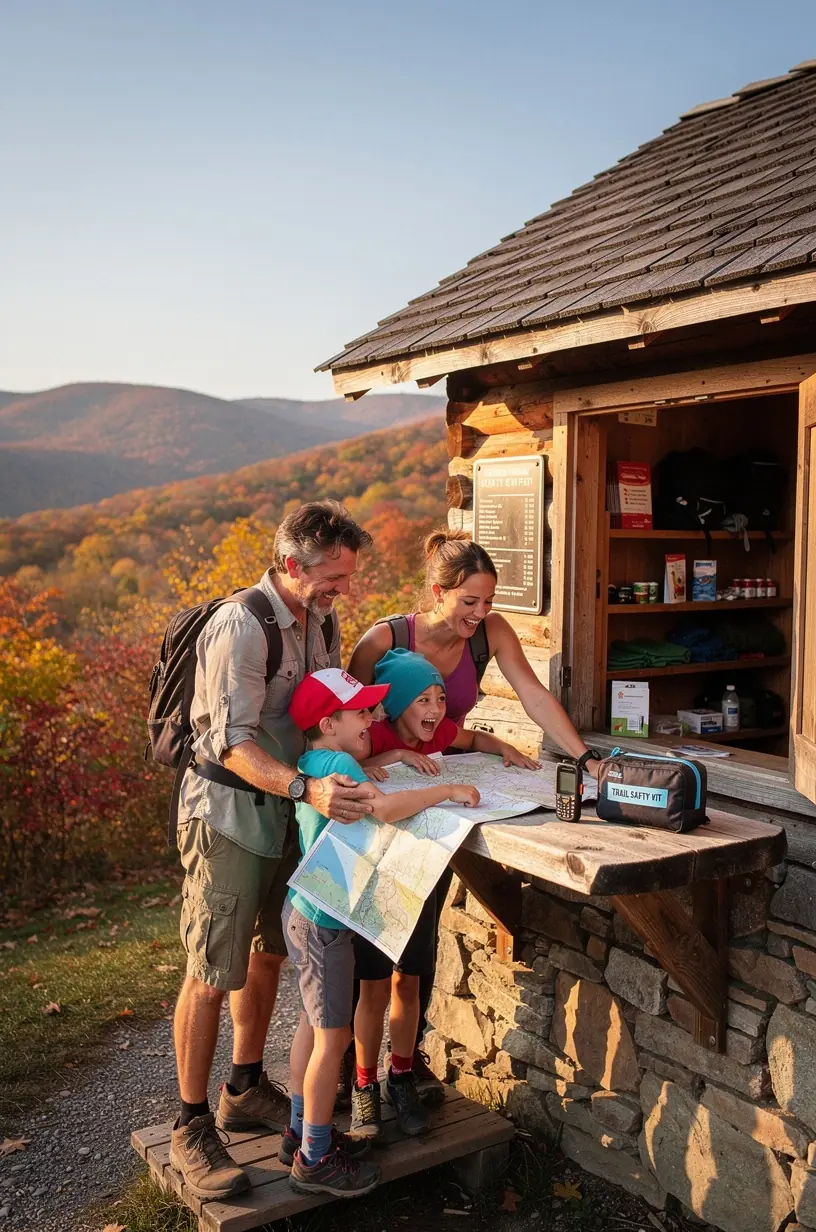 Комплект первой помощи и спасательное оборудование, размещённые в удобном шкафчике на тропе для экстренных случаев.